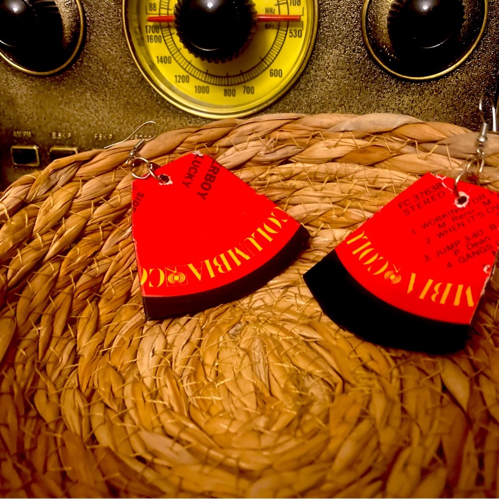 Handmade vinyl record earrings.